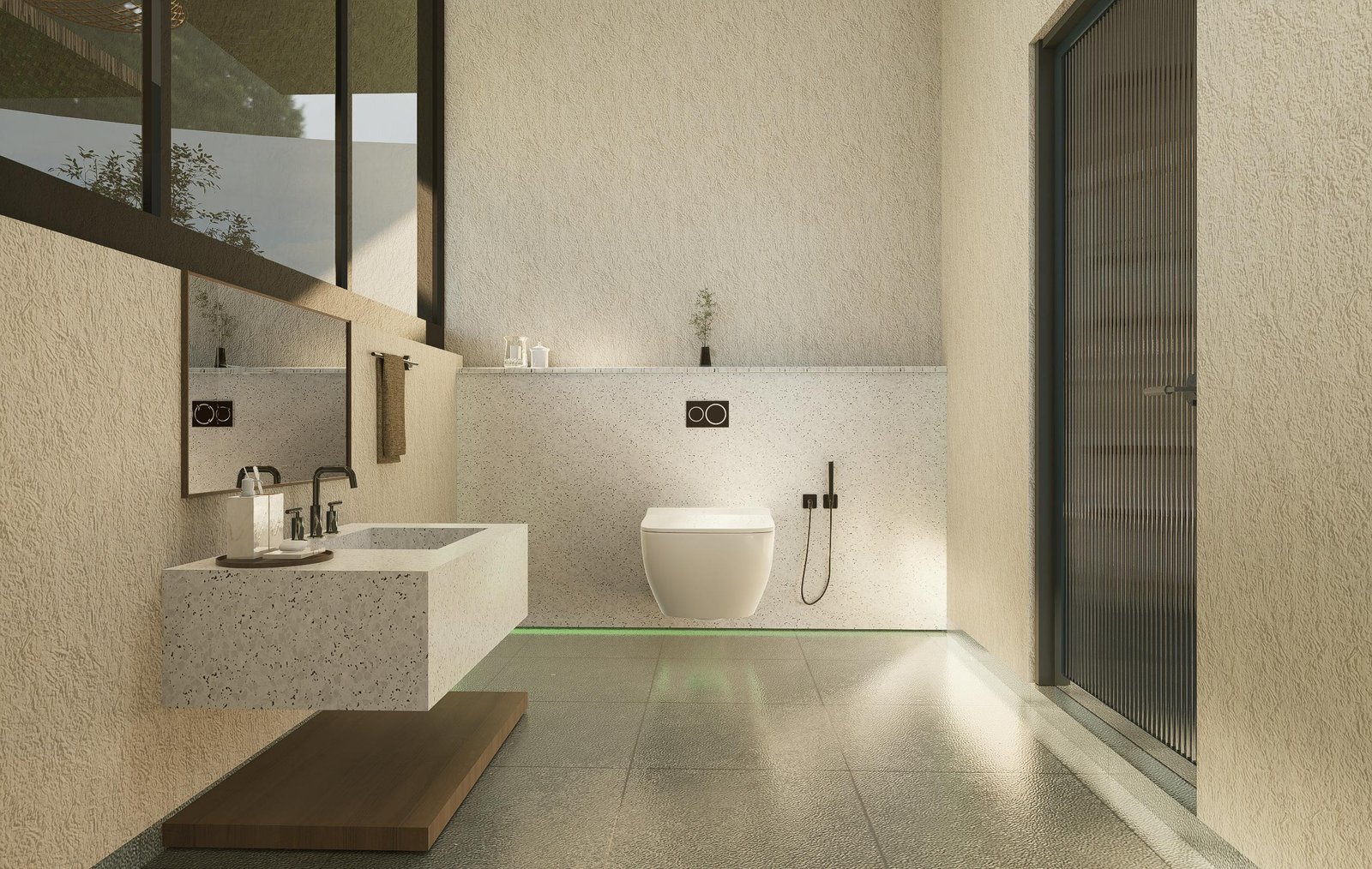 Sleek and calming modern bathroom with minimalist design and neutral tones.
